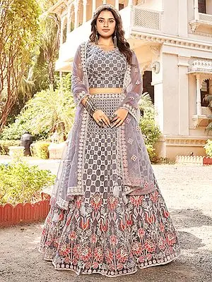 Grey Color Net Multi Thread Chain Stitch-Zarkan Work Lehenga Choli with Floral Pattern and Dupatta