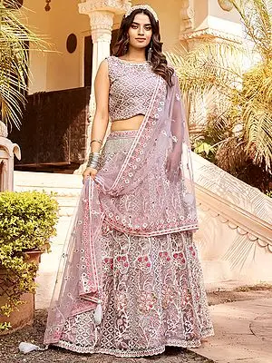 Light-Onion Net Floral Pattern Lehenga Choli With Multi Thread Chain Stitch-Zarkan Work And Dupatta