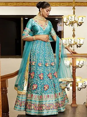 Sky-Blue Premium Net Floral Vine Pattern Silk Embroidery Diamond Work Lehenga With Premium Silk Choli And Dupatta