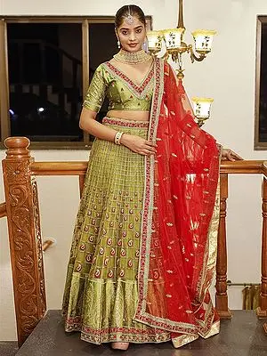 Mehndi Premium Net Silk Embroidery Lehenga with Silk V-Neck Choli and Dupatta