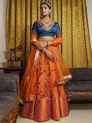 Premium Net Silk Embroidered Floral Vine Pattern Diamond Work Orange Lehenga With Premium Silk Choli And Dupatta