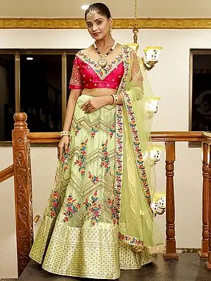 Soft Green and Peppy Pink Designer Premium Net Silk Lehenga with Silk Choli and Dupatta