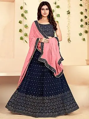 Navy-Blue Premium Georgette Butti Motif Foil Print Lehenga Choli With Chiffon Dupatta