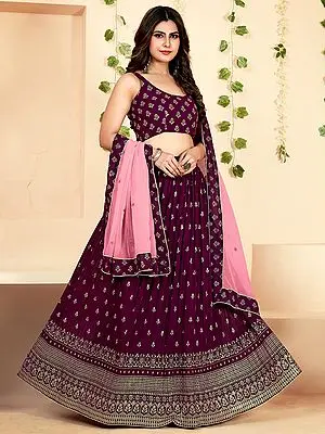 Wine Floral Butti Motif Premium Georgette Foil Printed Lehenga Choli With Chiffon Dupatta