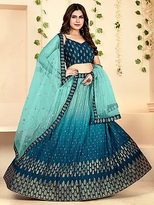Shaded-Blue Clover Leaf Pattern Moss Silk Foil Printed Lehenga Choli With Premium Net Dupatta