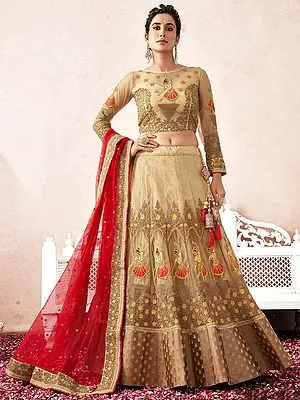 Dark-Cream Premium Heavy Net Classical Dancer Girl Motif Lehenga Choli With Multi Thread, Zari, Diamond Embroidery And Maroon Dupatta