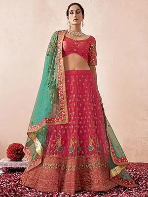 Dark-Peach Premium Heavy Net Zari Embroidery Lehenga with Banglori Silk Choli and Dupatta