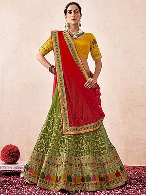 Premium Heavy Net Floral Vine Pattern Multi Thread, Zari, Diamond Embroidery Lehenga With Premium Banglori Silk Choli And Dupatta