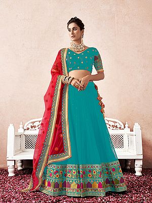 Premium Heavy Net Multi Thread, Zari, Diamond Embroidery Lehenga with Premium Banglori Silk Choli and Dupatta