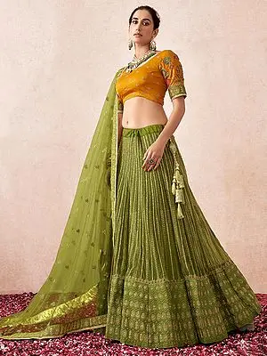 Olive Premium Heavy Net Floral Pin Stripe Pattern Multi Thread, Zari, Diamond Embroidered Lehenga With Premium Sartin Banglori Silk Choli And Dupatta