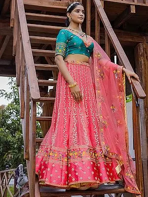 Premium Net Leaf Vine Pattern Silk Embroidery Diamond Work Pink Lehenga with Premium Silk Turquoise Choli and Dupatta