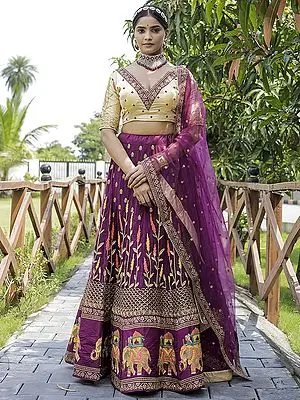 Purple Premium Net Embroidery Diamond Work Lehenga with Silk Choli and Dupatta