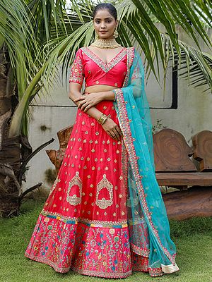 Premium Net Floral Pattern Silk Embroidery Diamond Work Lehenga With Premium Silk Choli And Dupatta