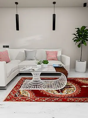 Brick-Red Paisley Chain Stitched Silk Asana Carpet from Kashmir