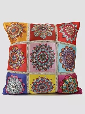 Multicolor Patchwork Chakra Printed Cushion Cover with Gota Patti