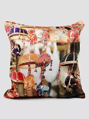 Multicolor Digital Printed Cushion Cover with Traditional Elephant Umbrella Figures