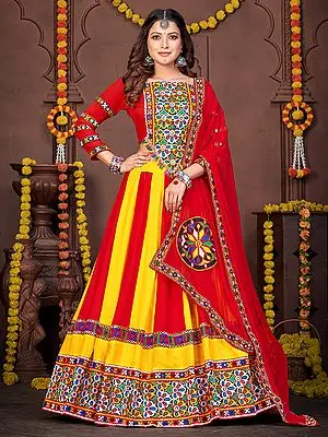 Red-Yellow Rayon Floral Pattern Embroidered Navratri Chaniya Choli With Chiffon Dupatta