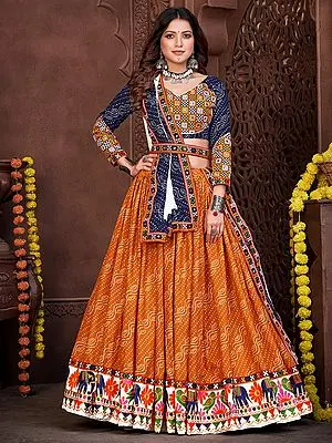 Blue-Mustard Cotton Silk Bandhani Bundi Pattern Multicolor Embroidered Hem Navratri Lehenga Choli With Chiffon Dupatta