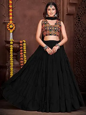 Navratri French Crepe Plain Ruffle Lehenga with Banglory Silk Floral-Diamond Embroidered Pattern Choli with Chiffon Dupatta