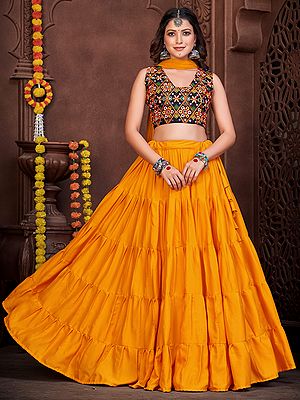 Navratri French Crepe Plain Ruffle Lehenga with Banglory Silk Floral-Diamond Embroidered Pattern Choli with Chiffon Dupatta