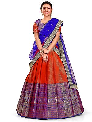 Red-Blue Art Silk Elegant Pleated Banarasi Half Saree Style Lehenga Choli with Dupatta