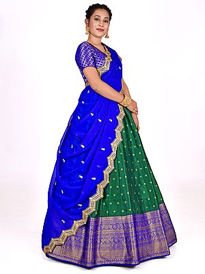 Green-Blue Color Art Silk Golden Zari Woven Banarasi Half Saree Style Lehenga Choli With Dupatta