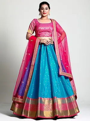 Firozi Art Silk Butti Jacquard Woven Banarasi Half Saree Style Lehenga Choli With Dupatta