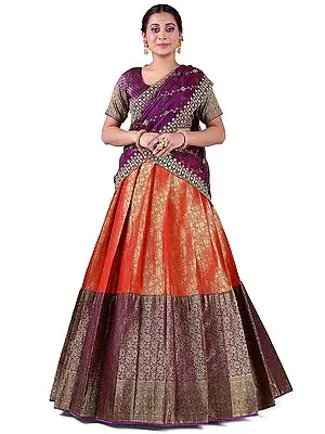 Art Silk Banarasi Red Lehenga with Wine Color Choli-Dupatta and All-Over Floral Vine Pattern Zari Work