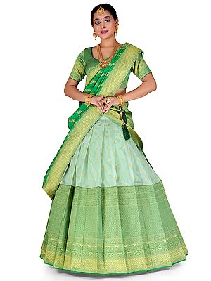 Pista Green Art Silk Banarasi Half Saree Style Lehenga Choli With All-Over Zari Brocaded Chakram Butta