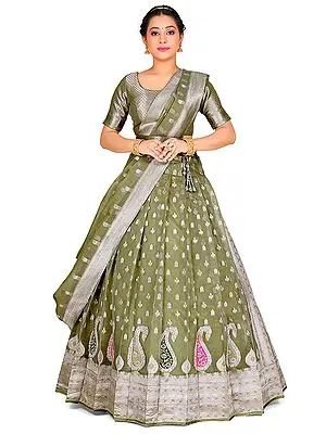 Gray Art Silk Half Saree Style Banarasi Lehenga Choli with Dupatta and All-Over Zari Work