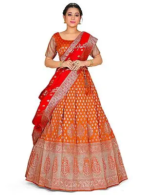 Orange Banarasi Mughal Pattern Zari Work Half Saree Style Lehenga Choli with Red Dupatta