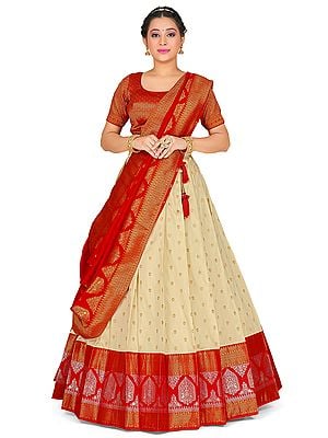 Red-Cream Color Art Silk Traditional Half Saree Style Banarasi Lehenga Choli with Dupatta and All-Over Jacquard Work
