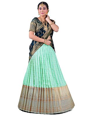 See-Green Art Silk Banarasi Traditional Zari Butti Woven Half Saree Style Lehenga Choli With Dupatta