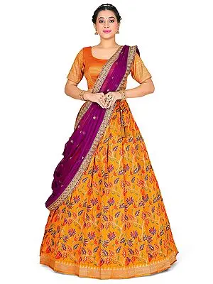 Gold Color Art Silk Traditional Banarasi Jacquard Woven Half Saree Style Leaf Vine Pattern Lehenga Choli With Dupatta