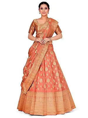 Gajari Art Silk Traditional Banarasi Half Saree Style Lehenga Choli With Dupatta And Jacquard Woven Kalka Pattern