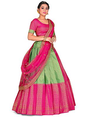 Green-Rani Color Jacquard Woven Ogee Pattern Banarasi Half Saree Style Traditional Lehenga Choli with Dupatta