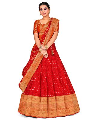 Red Art Silk Banarasi Half Saree Style Traditional Lehenga Choli with Floral Vine Pattern Dupatta and All-Over Jacquard Work