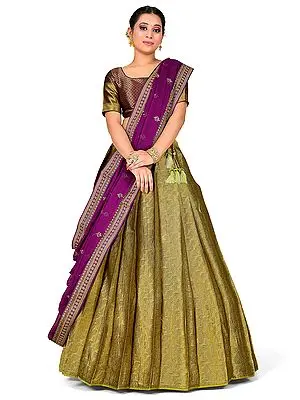 Green Art Silk Brocaded Vine Pattern Banarasi Half Saree Style Traditional Lehenga Choli with Wine Color Dupatta