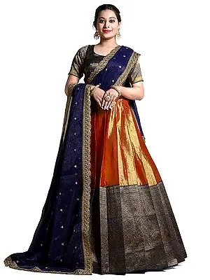 Red-Blue Banarasi Art Silk Jacquard Woven Peacock-Floral Pattern Half Saree Style Lehenga Choli with Blue Dupatta