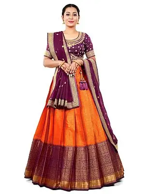 Orange-Wine Jacquard Work Banarasi Art Silk Scale Pattern Half Saree Style Lehenga Choli with Dupatta
