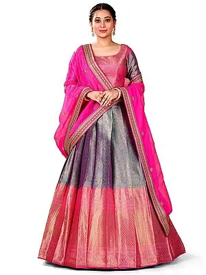 Firozi-Pink Art Silk Ogge Pattern Jacquard Work Banarasi Pavadai With Choli And Dupatta