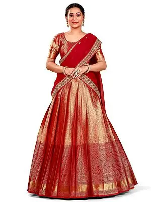 Peach-Red Art Silk Zari Woven Tree Pattern Banarasi Pavadai With Choli And Dupatta