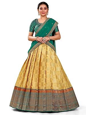 Yellow-Green Art Silk Banarasi Half Saree Style Lehenga Choli with Check Pattern and Dupatta