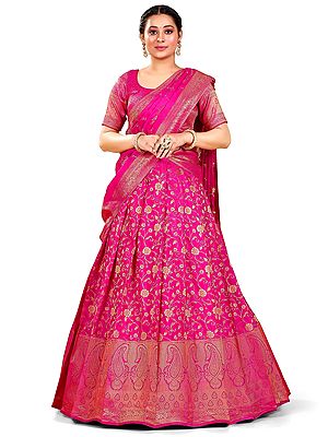 Rani-Pink Zari Woven Phool Bail-Kalka Pattern Banarasi Half Saree Style Lehenga Choli with Matching Dupatta
