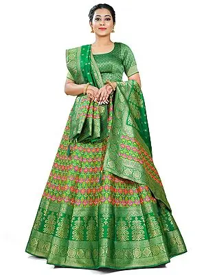 Green Art Silk Patola Pattern Banarasi Half Saree Style Lehenga Choli with Dupatta