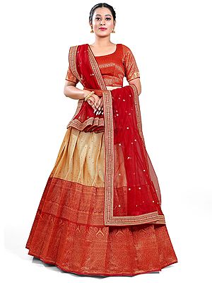 Red-Chiku Color Art Silk Zari Brocade Banarasi Half Saree Style Lehenga Choli with Red Dupatta