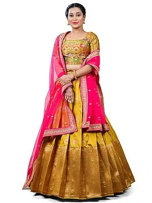 Mustard Color Art Silk Zari Brocade Paisley Motif Banarasi Half Saree Style Lehenga Choli with Dupatta