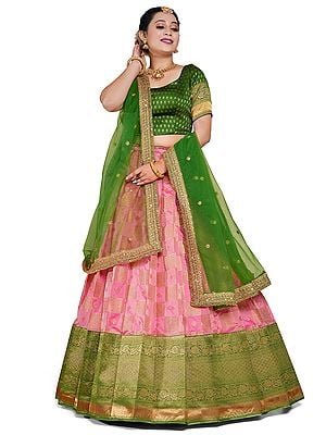 Pink-Green Art Silk Check Pattern Zari Woven Banarasi Half Saree Style Lehenga Choli with Dupatta