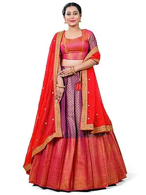 Blue-Red Banarasi Diamond Pattern Jacquard Work Banarasi Half Saree Style Lehenga Choli with Dupatta