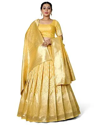 Yellow Color Art Silk Zari Work Banarasi Half Saree Style Lehenga Choli With Matching Dupatta